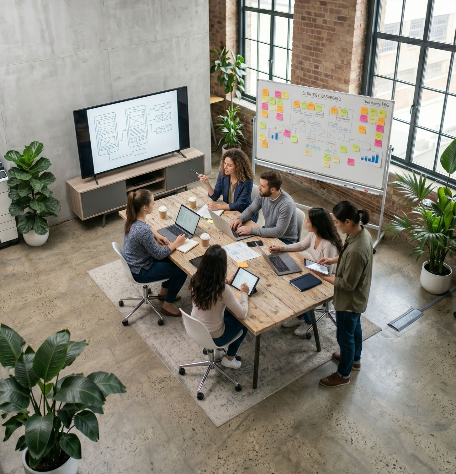 Business meeting with reports and technology